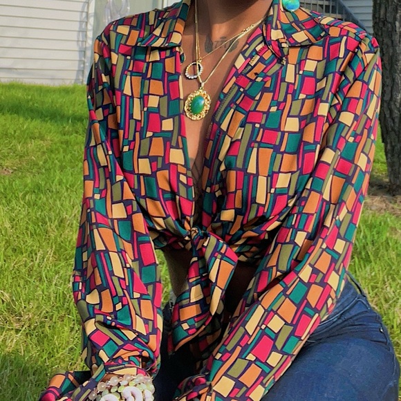 Tops - Retro Satin Checkerboard MultiColor Shirt.